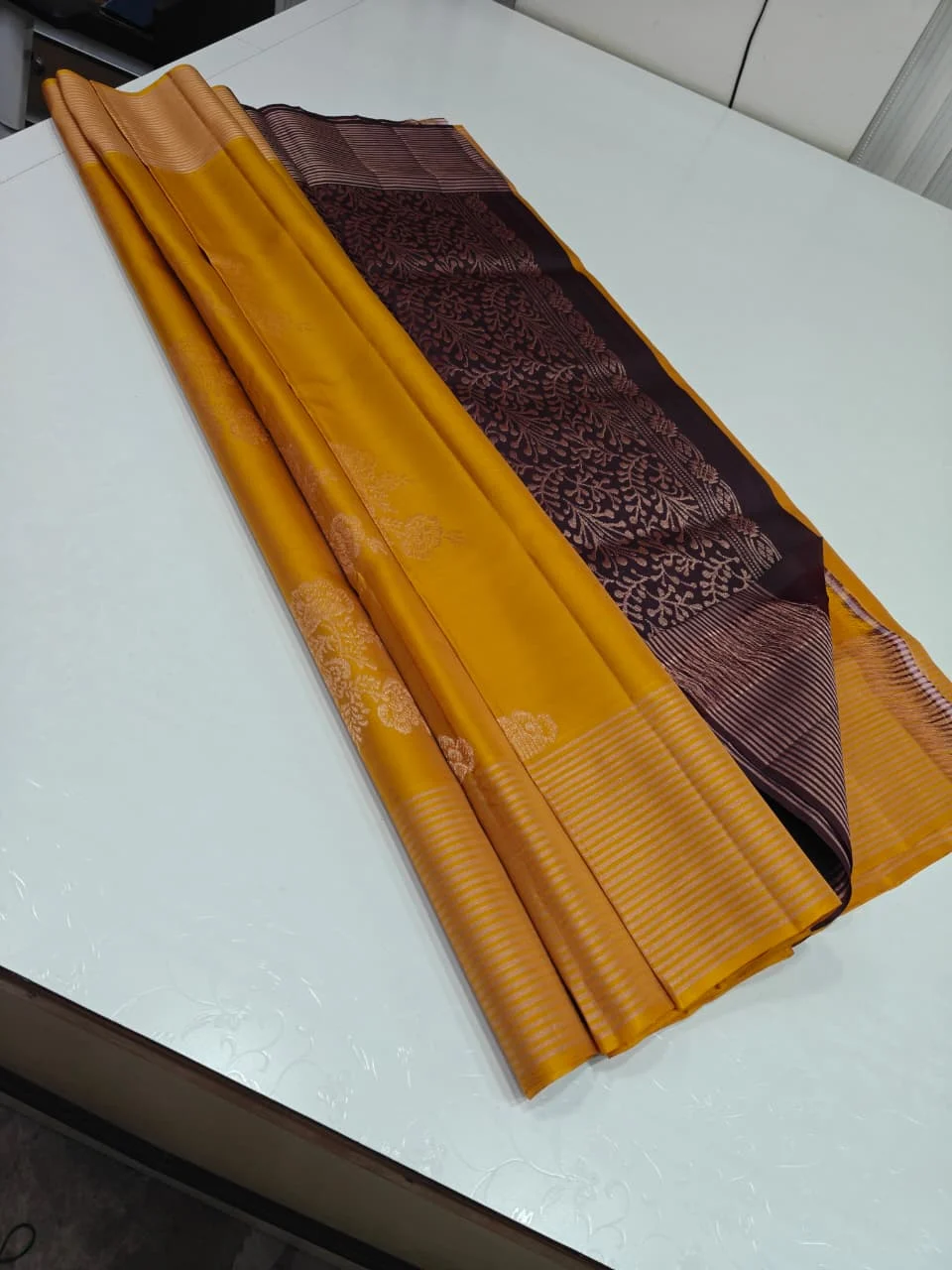 Mustard Yellow and Coffee Brown Soft Silk with Floral Spray Butta and Stripe Border Saree